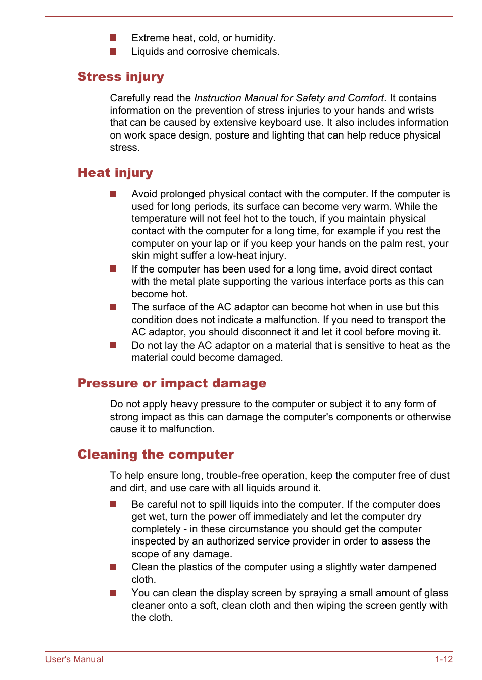 Stress injury, Heat injury, Pressure or impact damage | Cleaning the computer | Toshiba Satellite U50-A User Manual | Page 15 / 120