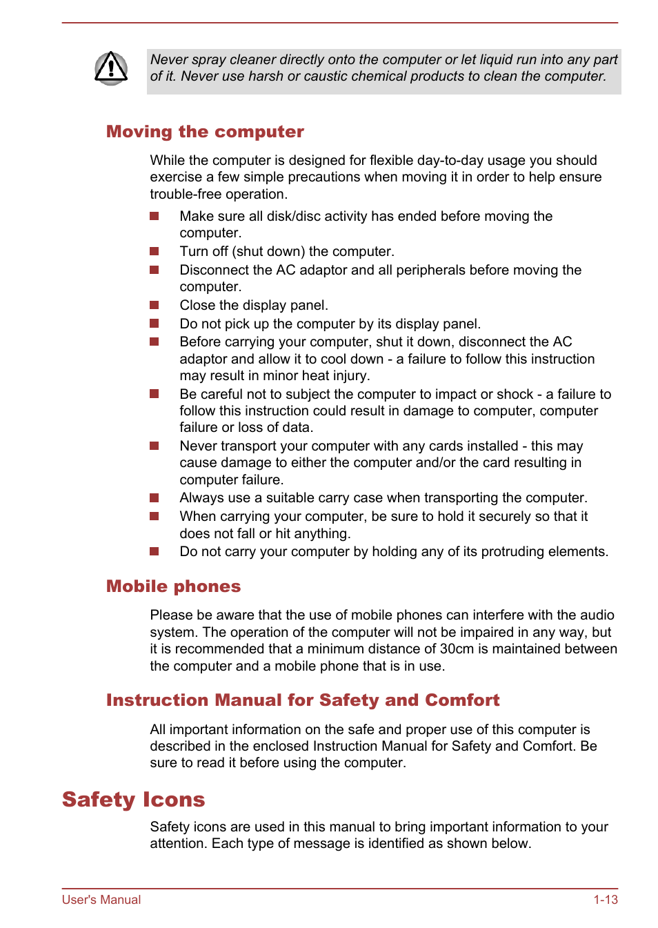 Moving the computer, Mobile phones, Instruction manual for safety and comfort | Safety icons, Safety icons -13 | Toshiba Satellite U50-A User Manual | Page 16 / 120