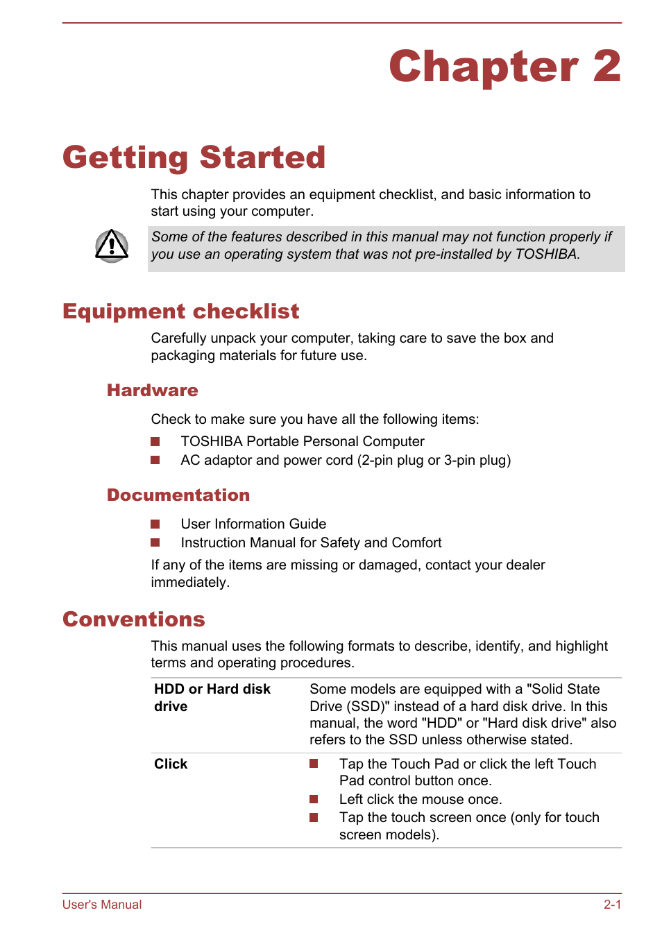 Chapter 2 getting started, Equipment checklist, Hardware | Documentation, Conventions, Chapter 2, Getting started, Equipment checklist -1 conventions -1 | Toshiba Satellite U50-A User Manual | Page 18 / 120