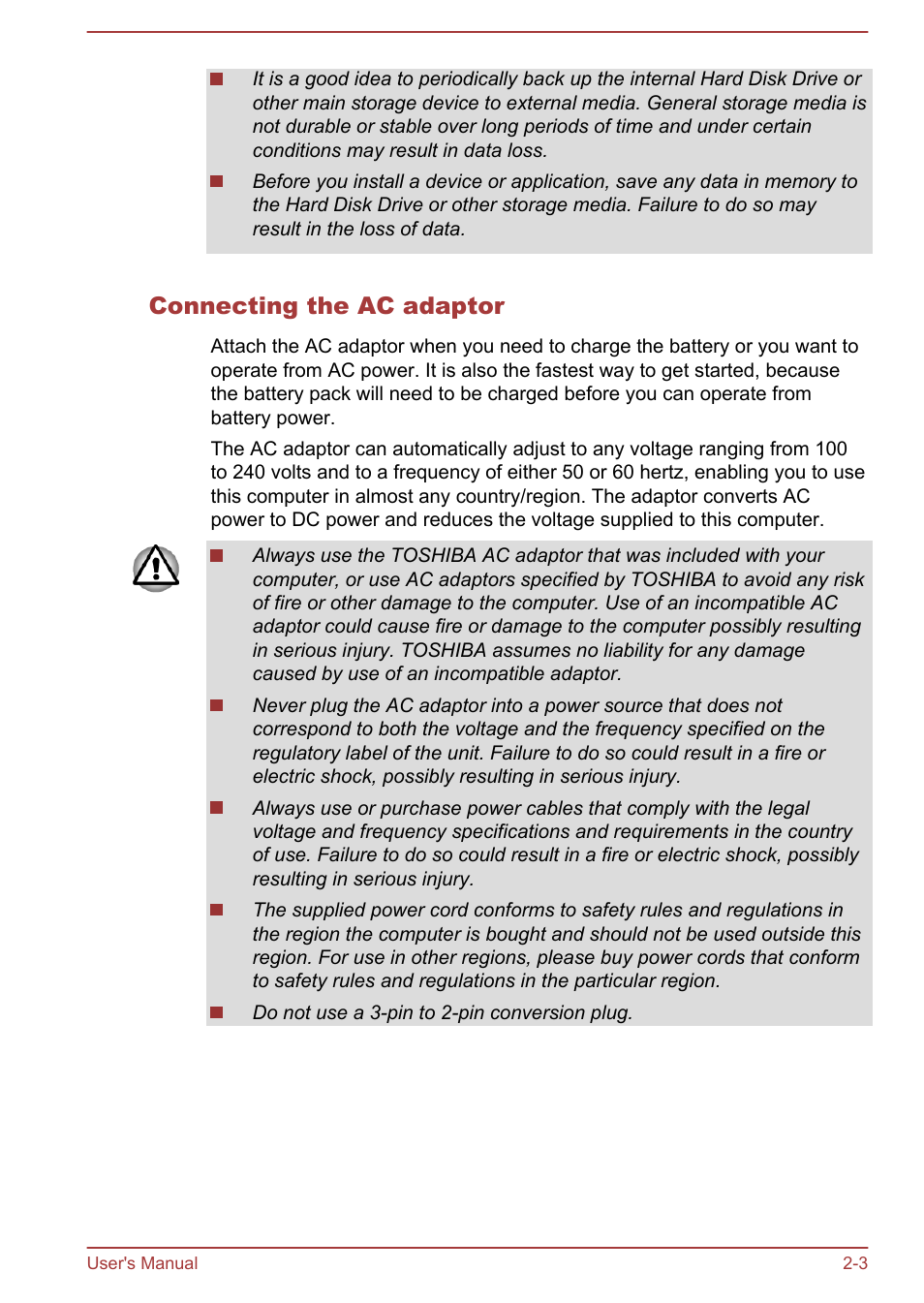 Connecting the ac adaptor | Toshiba Satellite U50-A User Manual | Page 20 / 120