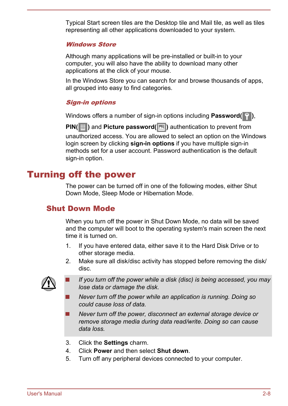 Turning off the power, Shut down mode, Turning off the power -8 | Toshiba Satellite U50-A User Manual | Page 25 / 120