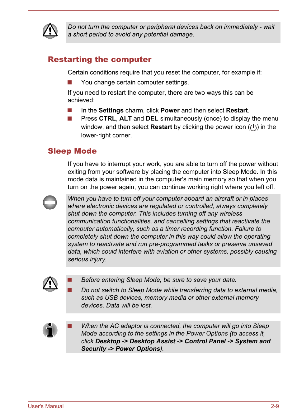Restarting the computer, Sleep mode | Toshiba Satellite U50-A User Manual | Page 26 / 120