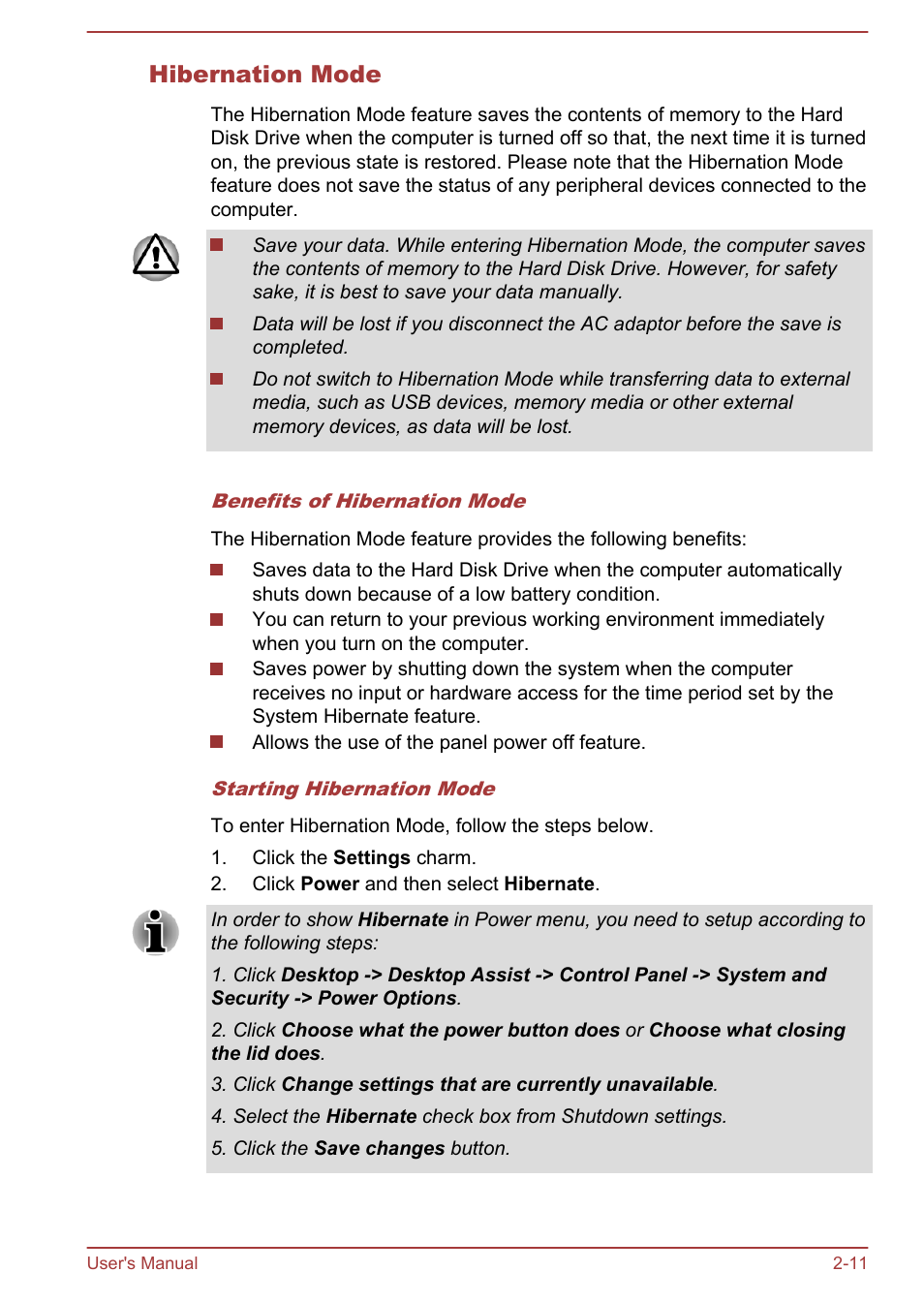 Hibernation mode | Toshiba Satellite U50-A User Manual | Page 28 / 120