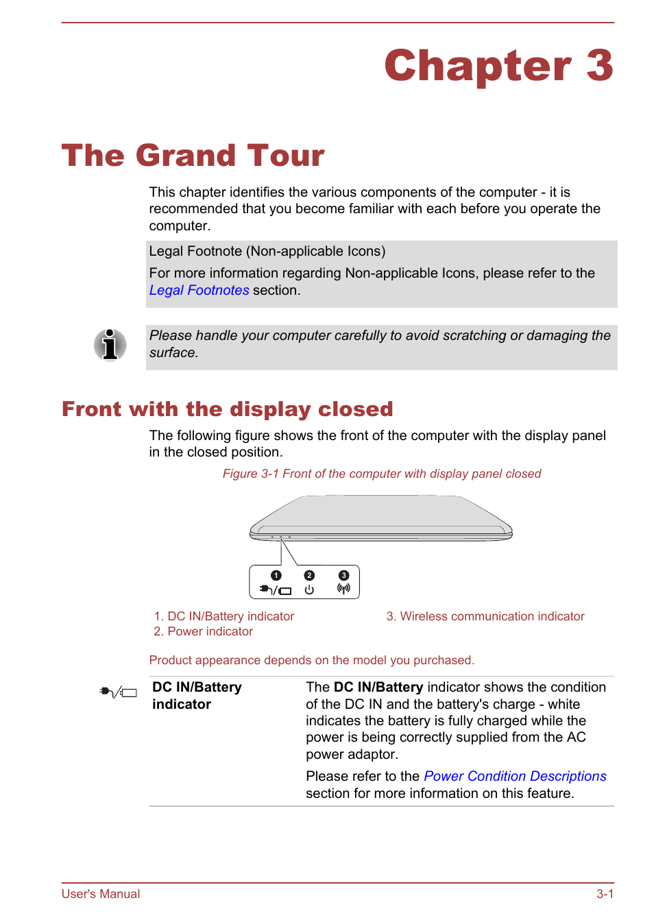 Chapter 3 the grand tour, Front with the display closed, Chapter 3 | The grand tour, Front with the display closed -1 | Toshiba Satellite U50-A User Manual | Page 30 / 120