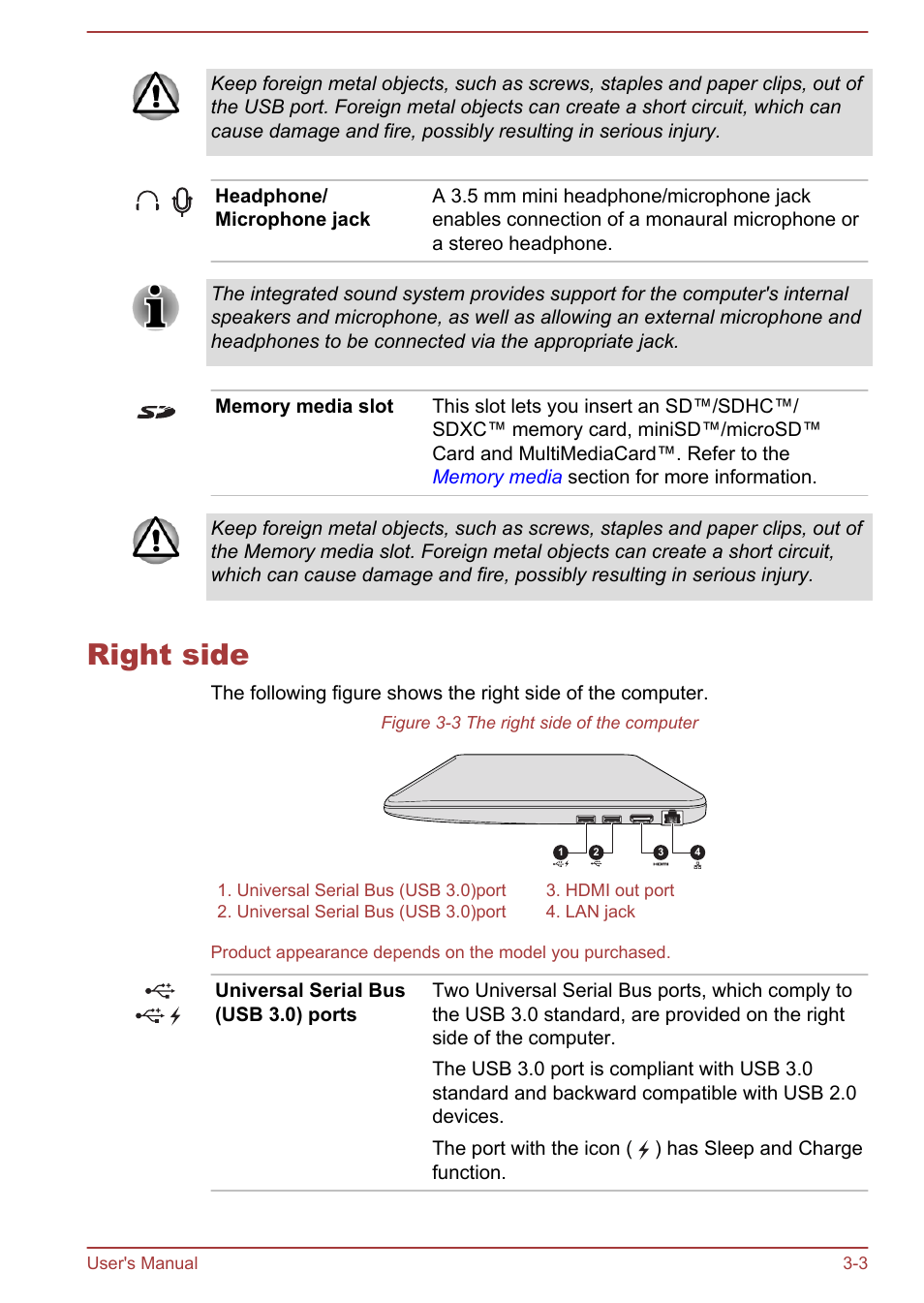 Right side, Right side -3 | Toshiba Satellite U50-A User Manual | Page 32 / 120