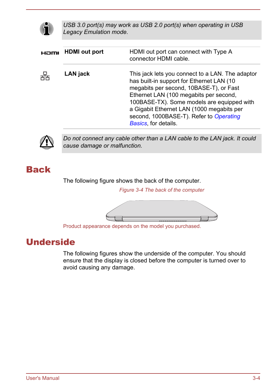 Back, Underside, Back -4 underside -4 | Toshiba Satellite U50-A User Manual | Page 33 / 120
