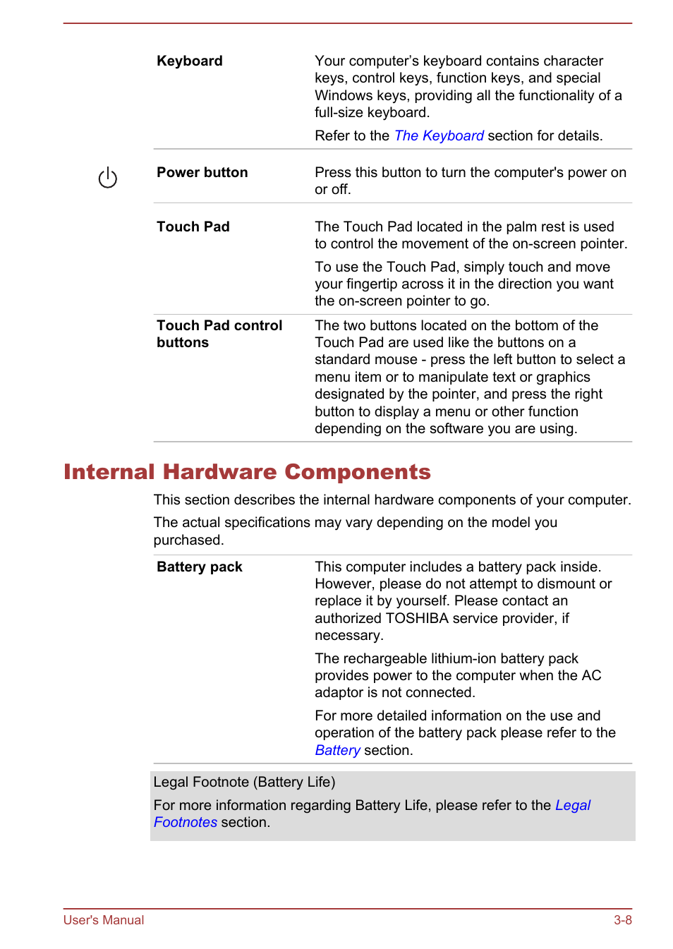 Internal hardware components, Internal hardware components -8 | Toshiba Satellite U50-A User Manual | Page 37 / 120