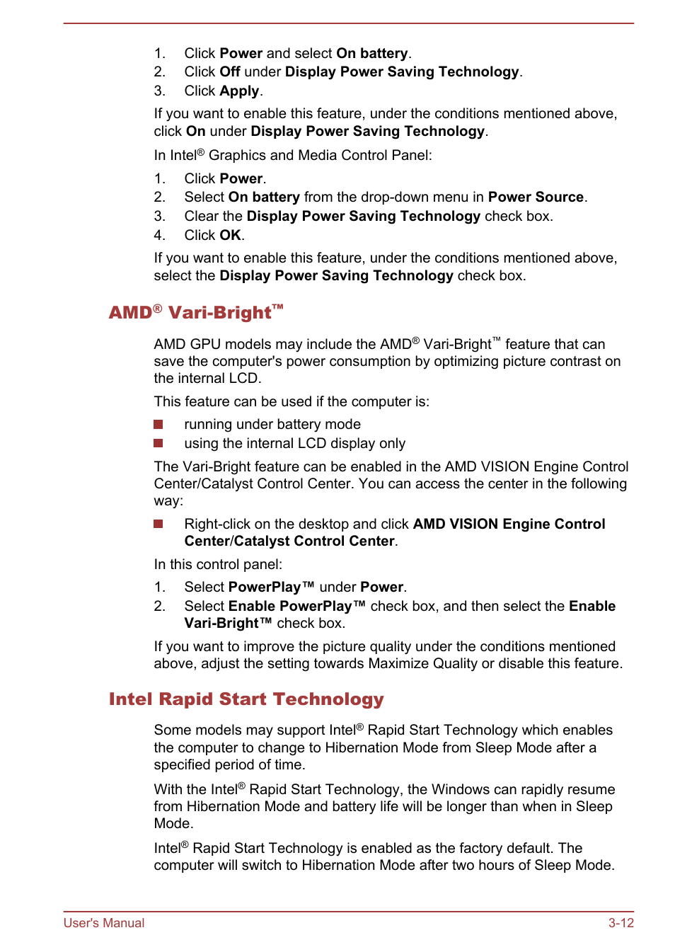 Amd® vari-bright, Intel rapid start technology, Vari-bright | Toshiba Satellite U50-A User Manual | Page 41 / 120