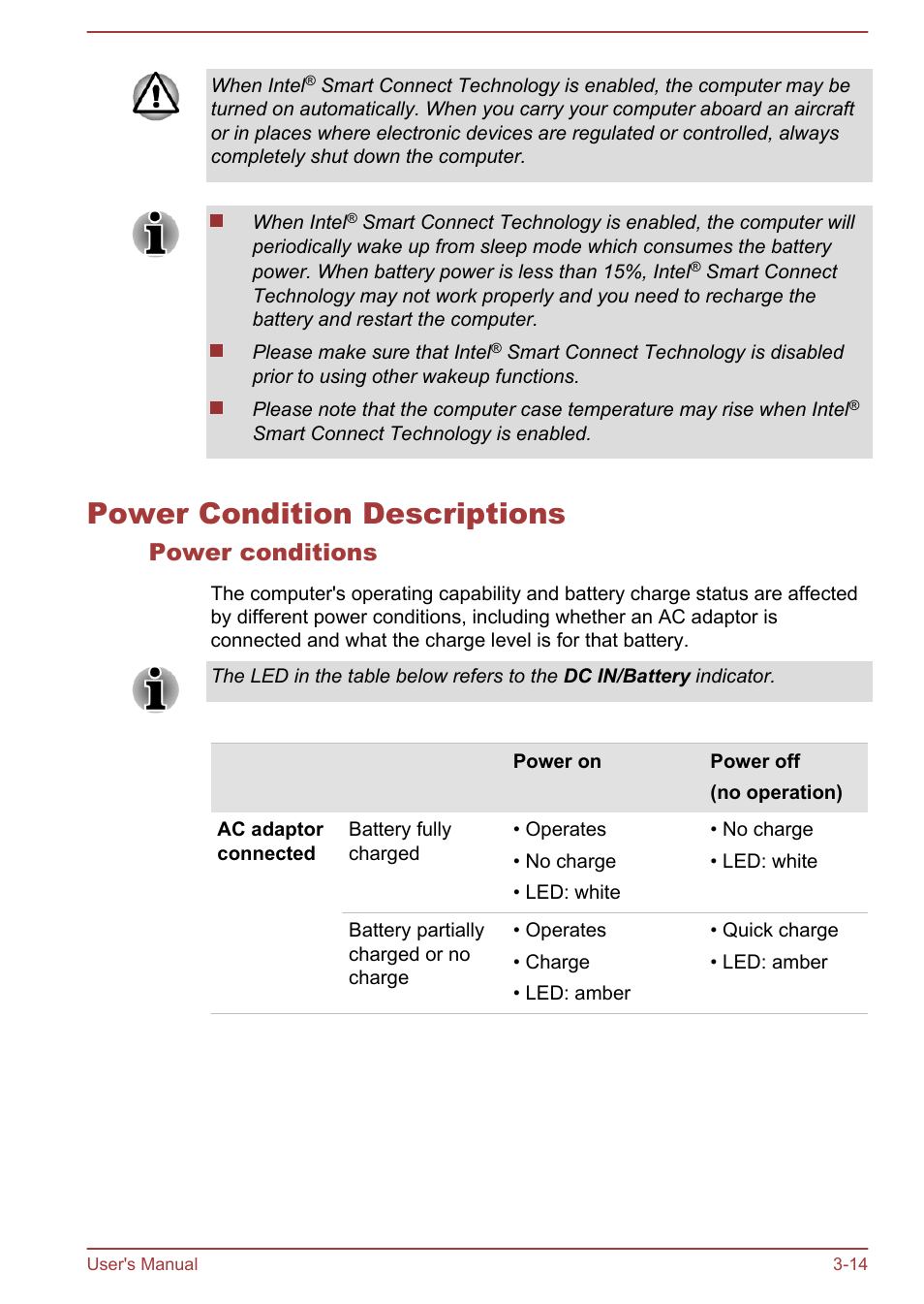 Power condition descriptions, Power conditions, Power condition descriptions -14 | Toshiba Satellite U50-A User Manual | Page 43 / 120