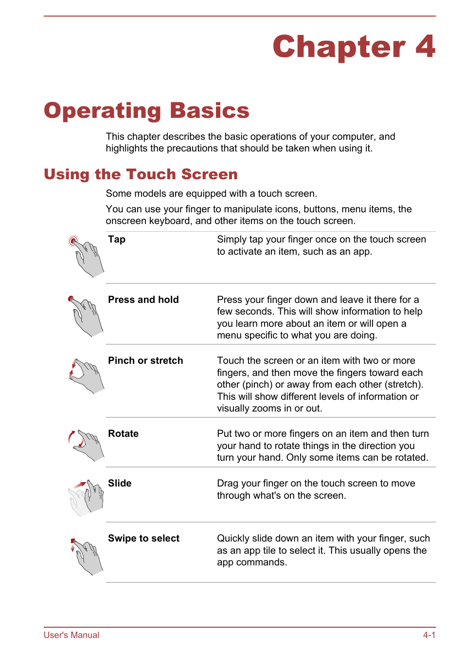 Chapter 4 operating basics, Using the touch screen, Chapter 4 | Operating basics, Using the touch screen -1, Second, 1000base-t). refer to, Operating, Basics, For details | Toshiba Satellite U50-A User Manual | Page 46 / 120