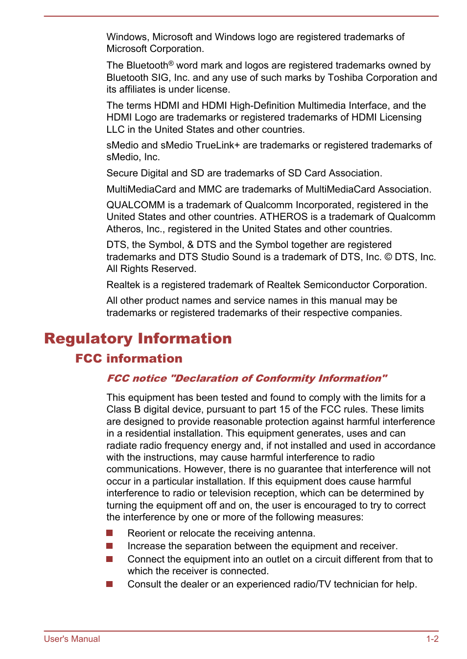 Regulatory information, Fcc information, Regulatory information -2 | Toshiba Satellite U50-A User Manual | Page 5 / 120