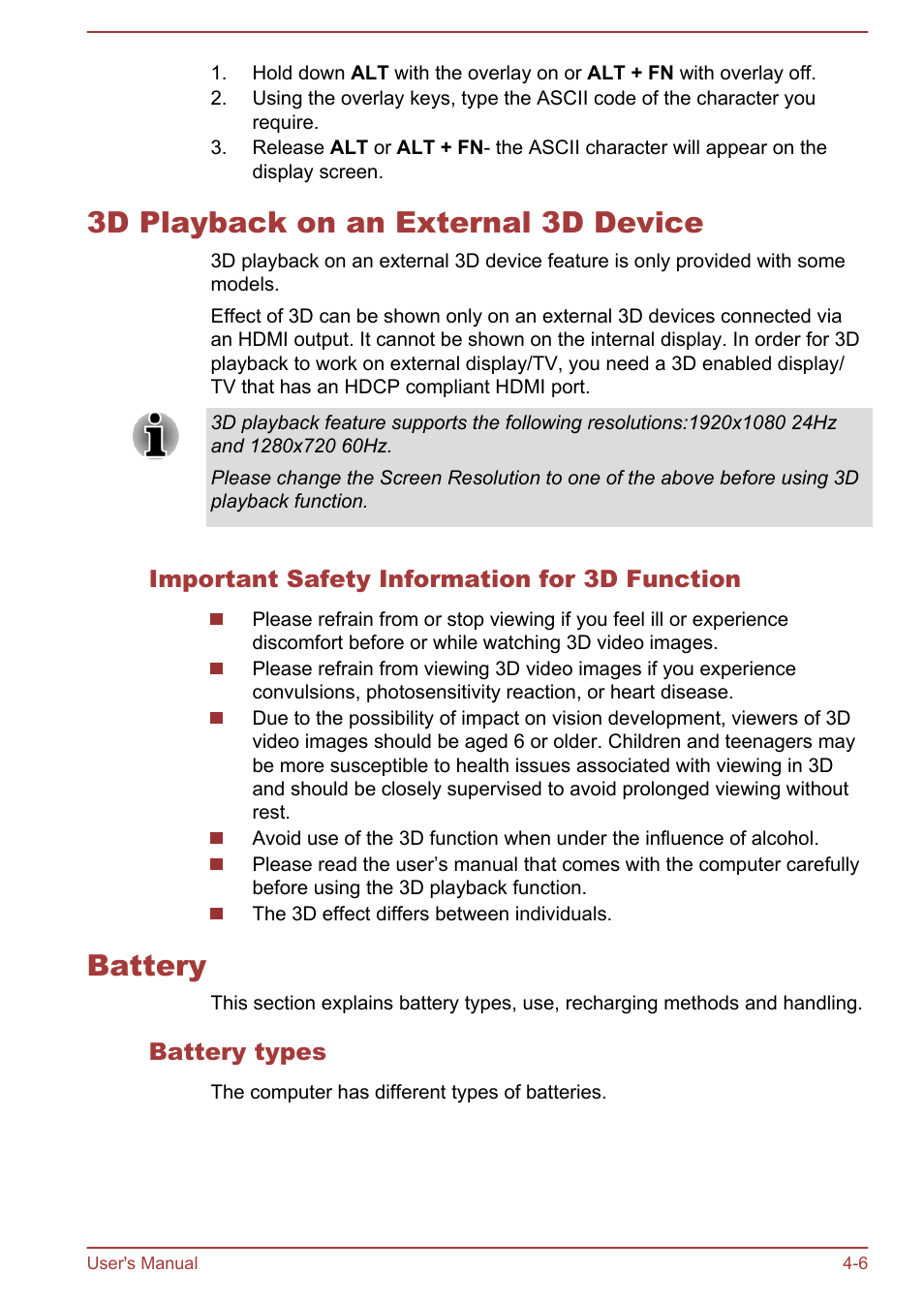 3d playback on an external 3d device, Important safety information for 3d function, Battery | Battery types, 3d playback on an external 3d device -6 battery -6 | Toshiba Satellite U50-A User Manual | Page 51 / 120