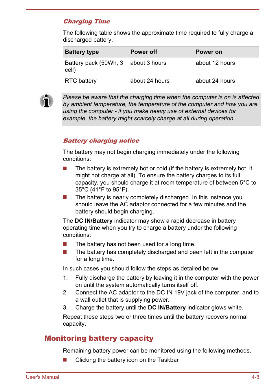 Monitoring battery capacity | Toshiba Satellite U50-A User Manual | Page 53 / 120