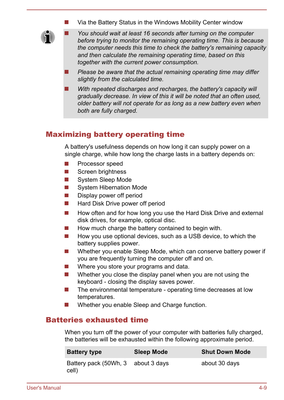 Maximizing battery operating time, Batteries exhausted time | Toshiba Satellite U50-A User Manual | Page 54 / 120