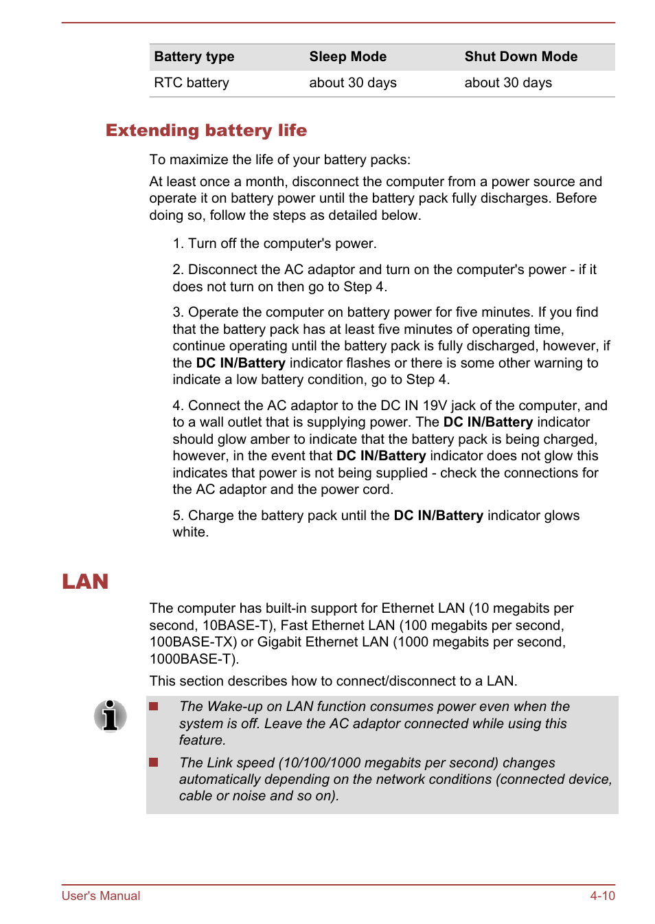 Extending battery life, Lan -10 | Toshiba Satellite U50-A User Manual | Page 55 / 120