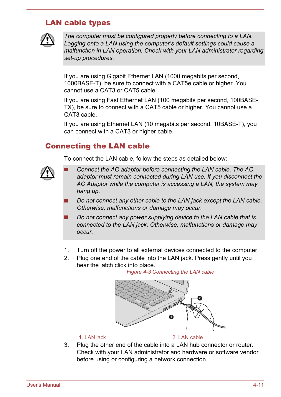 Lan cable types, Connecting the lan cable | Toshiba Satellite U50-A User Manual | Page 56 / 120