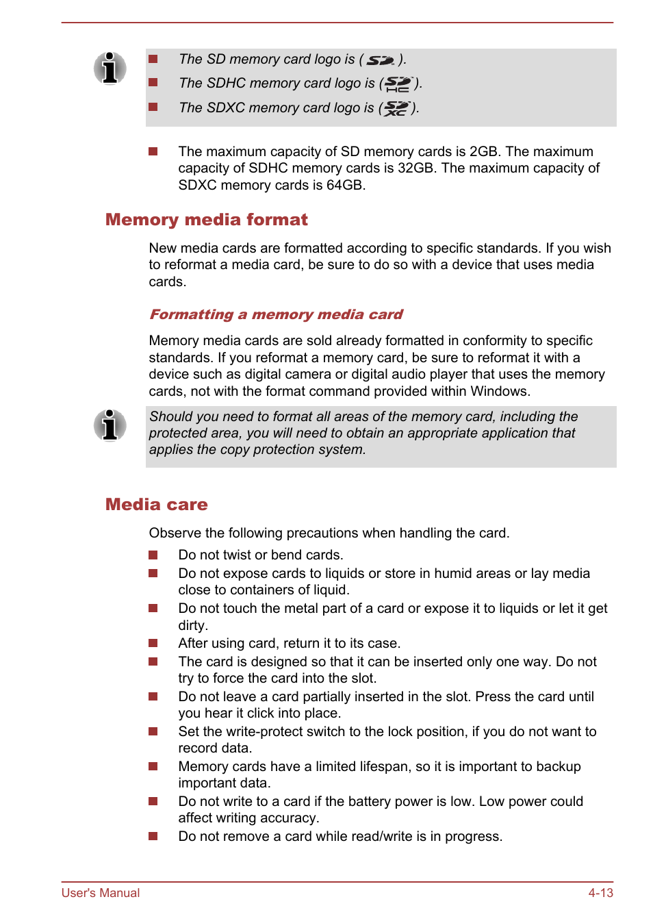 Memory media format, Media care | Toshiba Satellite U50-A User Manual | Page 58 / 120