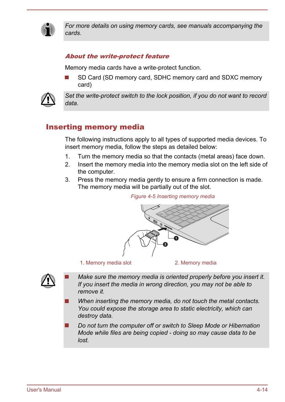 Inserting memory media | Toshiba Satellite U50-A User Manual | Page 59 / 120