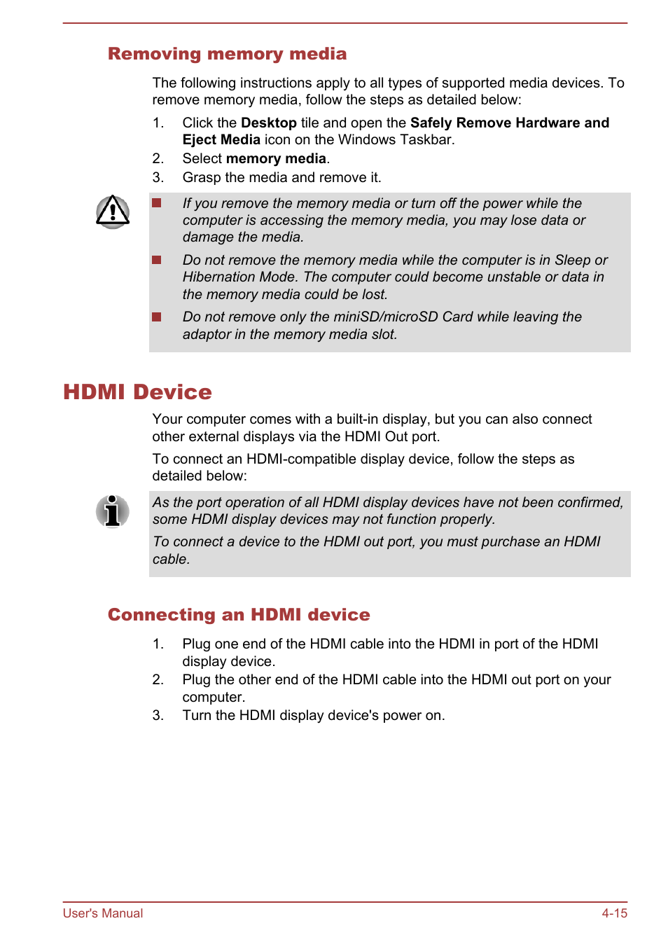 Removing memory media, Hdmi device, Connecting an hdmi device | Hdmi device -15 | Toshiba Satellite U50-A User Manual | Page 60 / 120