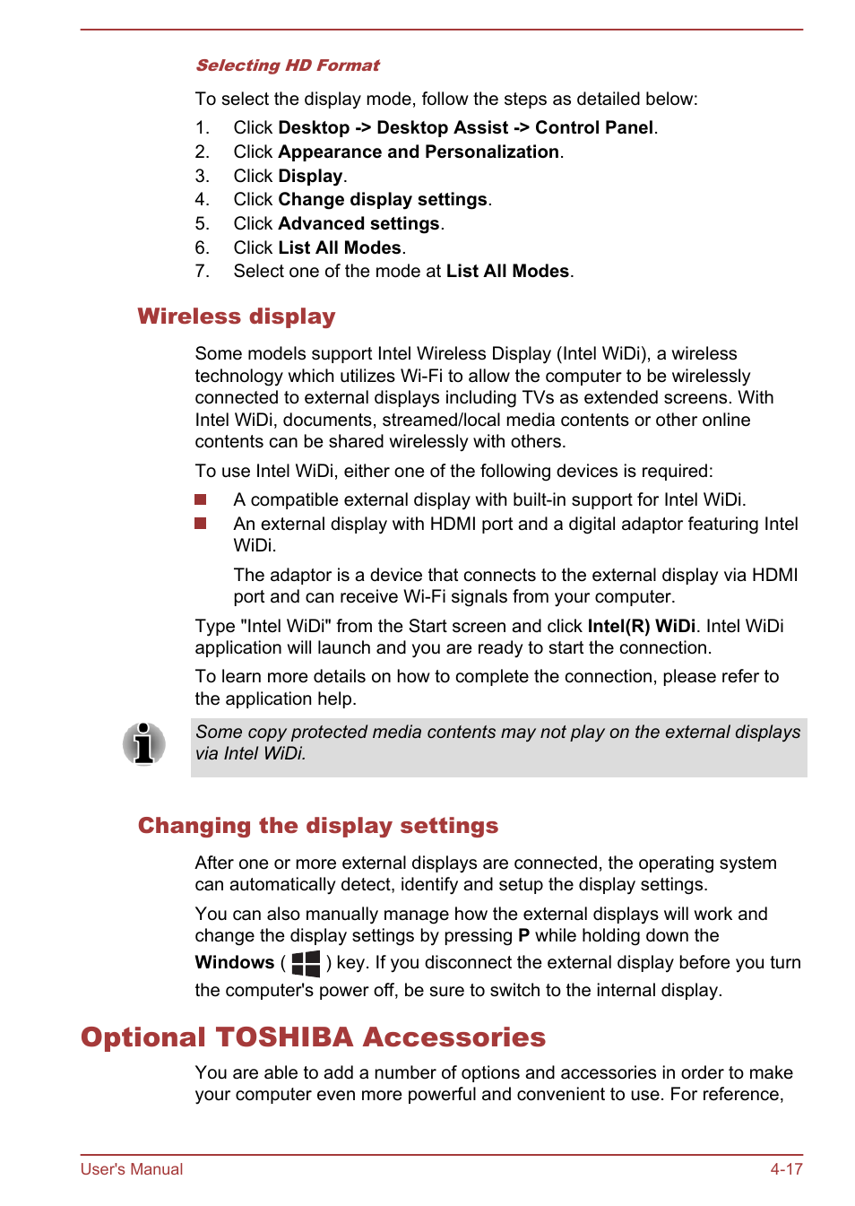 Wireless display, Changing the display settings, Optional toshiba accessories | Optional toshiba accessories -17 | Toshiba Satellite U50-A User Manual | Page 62 / 120
