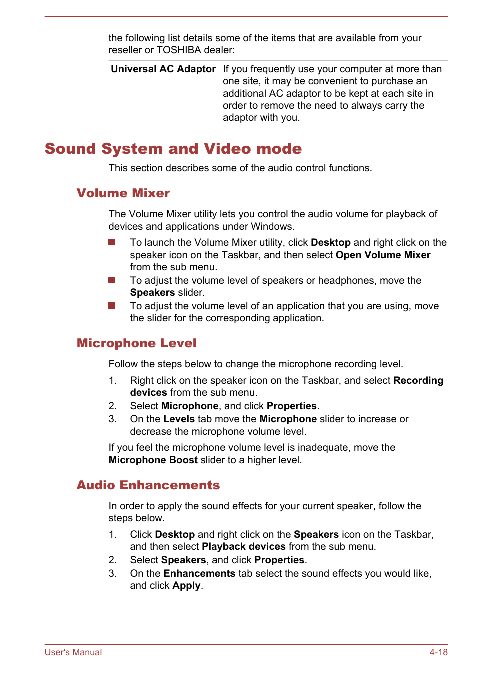 Sound system and video mode, Volume mixer, Microphone level | Audio enhancements, Sound system and video mode -18, To the | Toshiba Satellite U50-A User Manual | Page 63 / 120