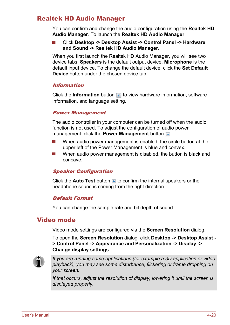 Realtek hd audio manager, Video mode | Toshiba Satellite U50-A User Manual | Page 65 / 120
