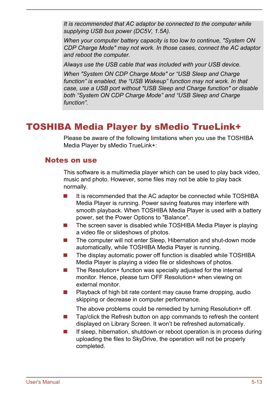 Toshiba media player by smedio truelink, Notes on use, Toshiba media player by smedio truelink+ -13 | Toshiba Satellite U50-A User Manual | Page 78 / 120
