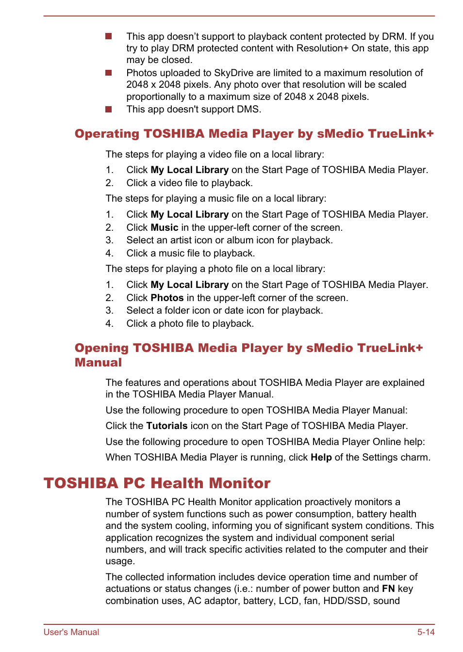 Operating toshiba media player by smedio truelink, Toshiba pc health monitor, Toshiba pc health monitor -14 | Toshiba Satellite U50-A User Manual | Page 79 / 120