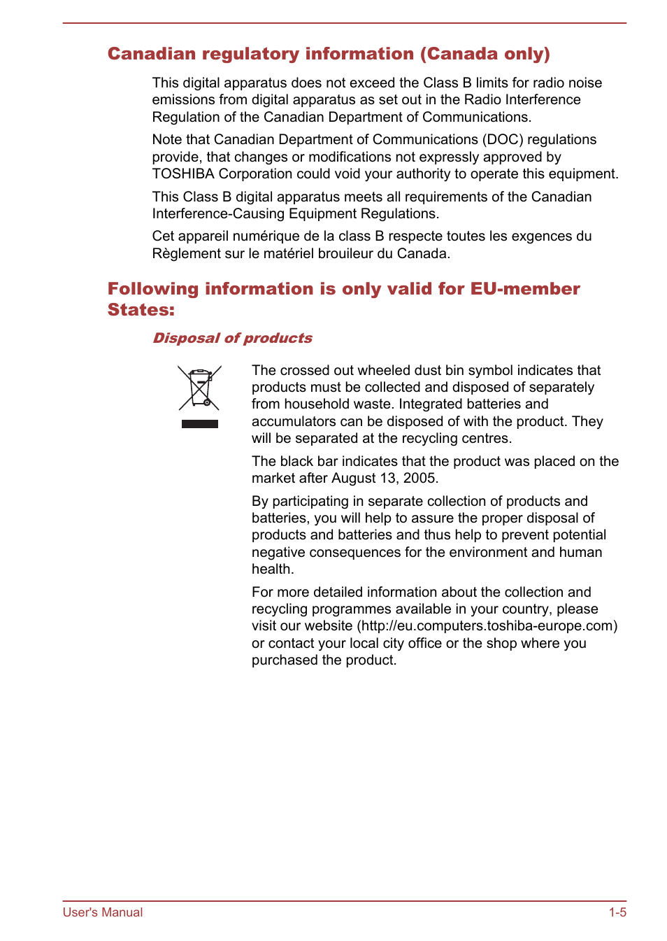 Canadian regulatory information (canada only) | Toshiba Satellite U50-A User Manual | Page 8 / 120