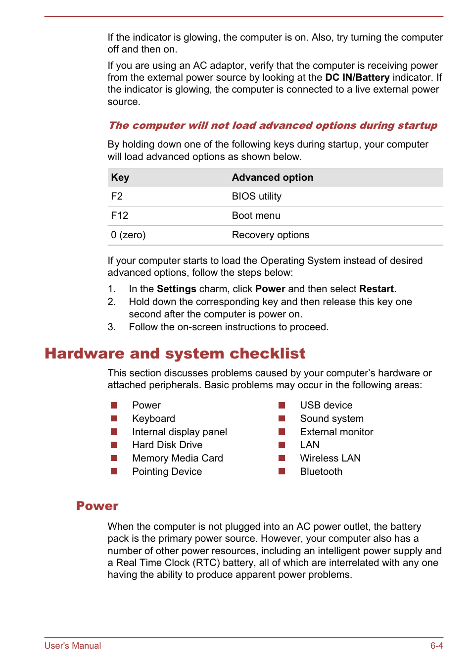 Hardware and system checklist, Power, Hardware and system checklist -4 | Toshiba Satellite U50-A User Manual | Page 88 / 120