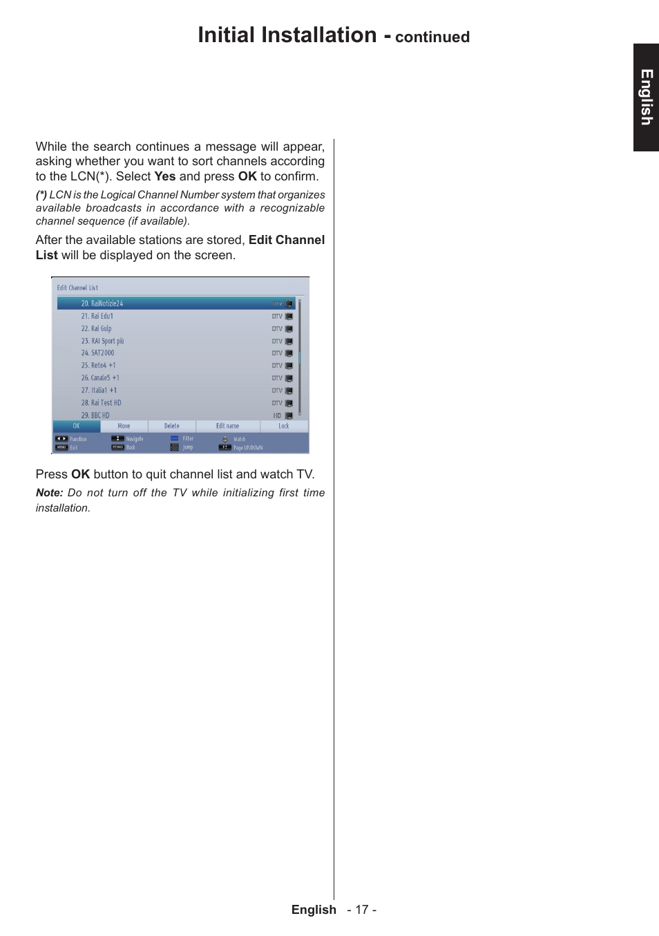 Initial installation, English, Continued | Toshiba T5445 User Manual | Page 17 / 60