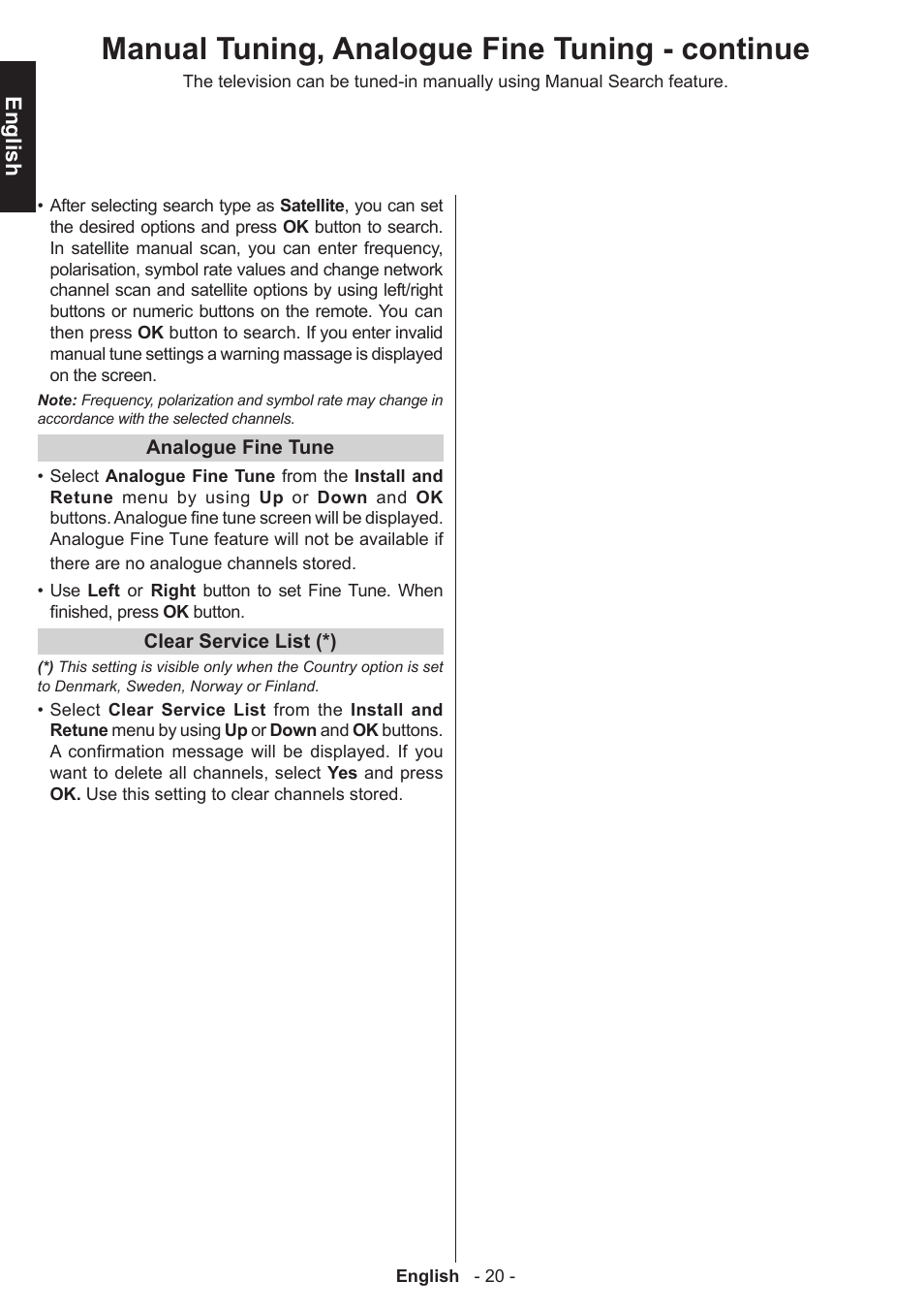 Manual tuning, analogue fine tuning - continue, English | Toshiba T5445 User Manual | Page 20 / 60