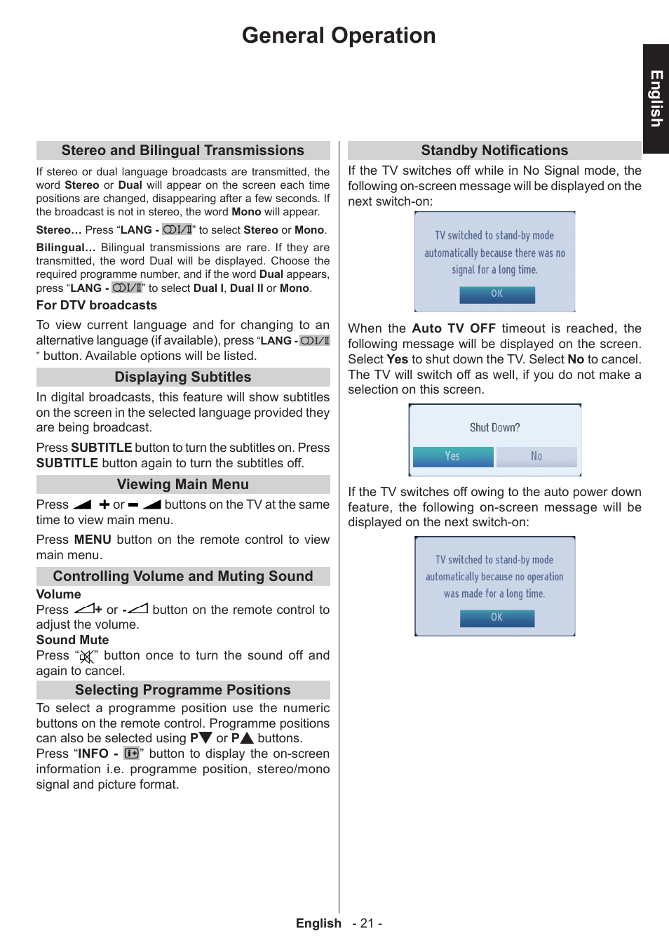 General operation, English | Toshiba T5445 User Manual | Page 21 / 60