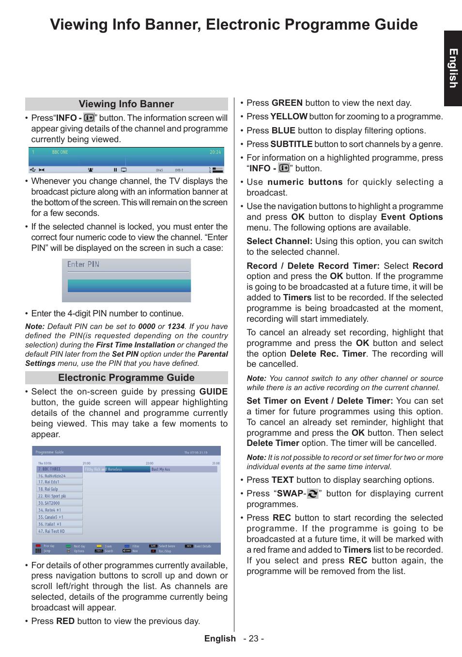 Viewing info banner, electronic programme guide, English | Toshiba T5445 User Manual | Page 23 / 60
