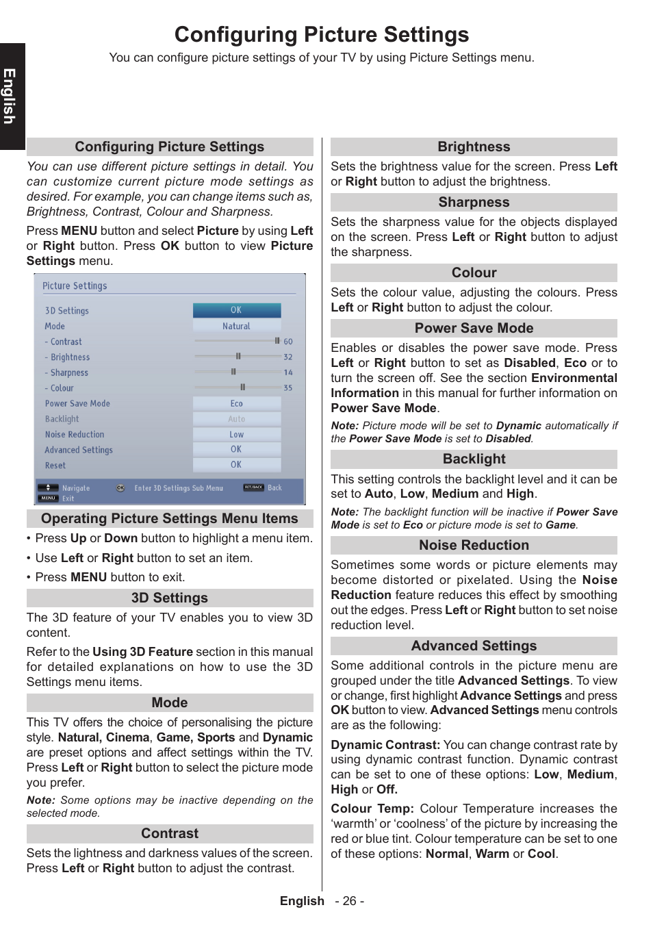 Configuring picture settings, English | Toshiba T5445 User Manual | Page 26 / 60