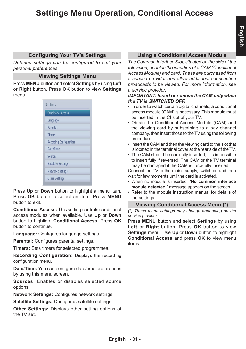 Settings menu operation, conditional access, English | Toshiba T5445 User Manual | Page 31 / 60