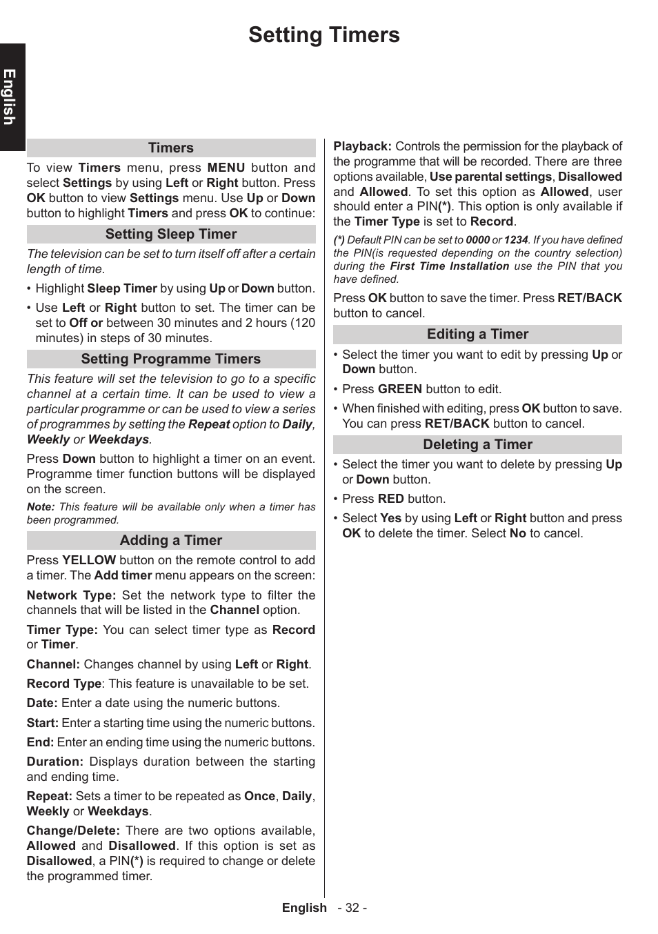 Setting timers, English | Toshiba T5445 User Manual | Page 32 / 60