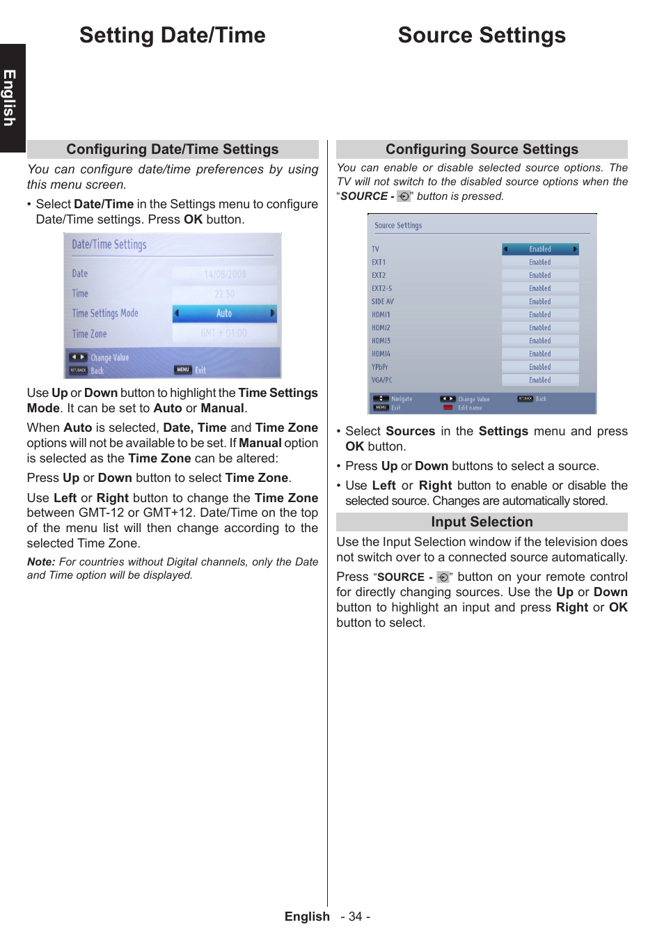 Setting date/time, Source settings, English | Toshiba T5445 User Manual | Page 34 / 60