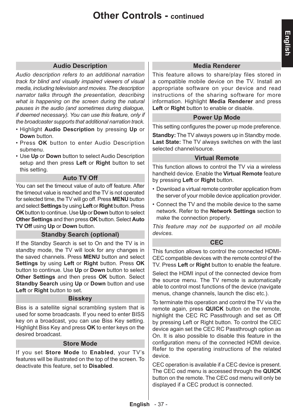 Other controls, English, Continued | Toshiba T5445 User Manual | Page 37 / 60