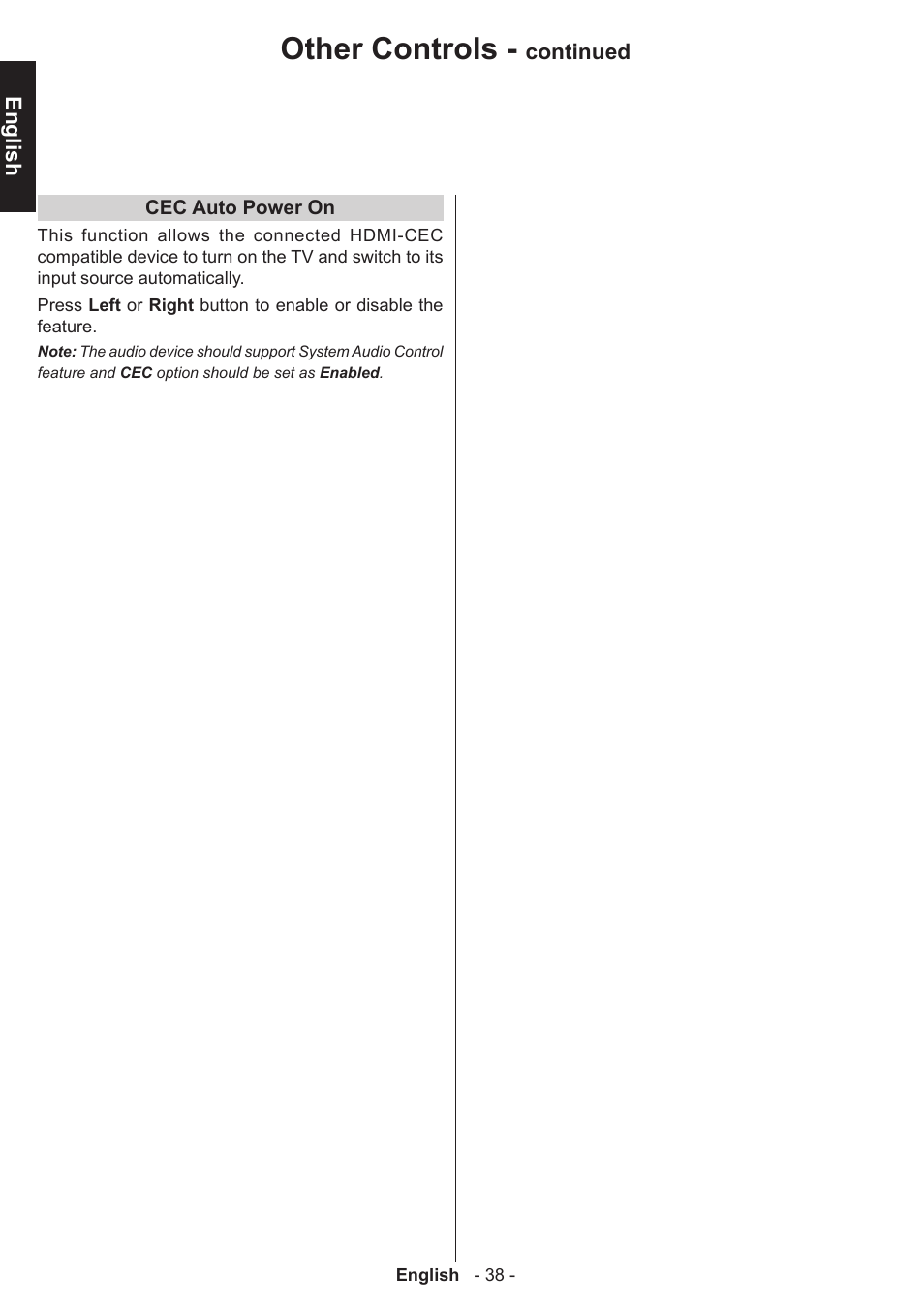 Other controls, English, Continued | Toshiba T5445 User Manual | Page 38 / 60