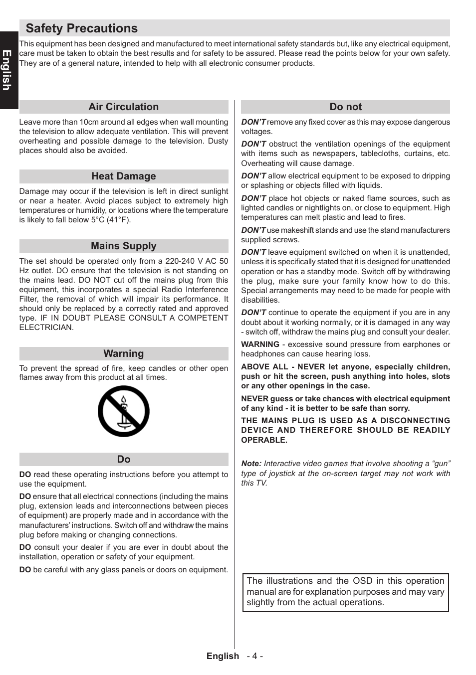 Safety precautions, English, Air circulation | Heat damage, Mains supply, Warning, Do not | Toshiba T5445 User Manual | Page 4 / 60