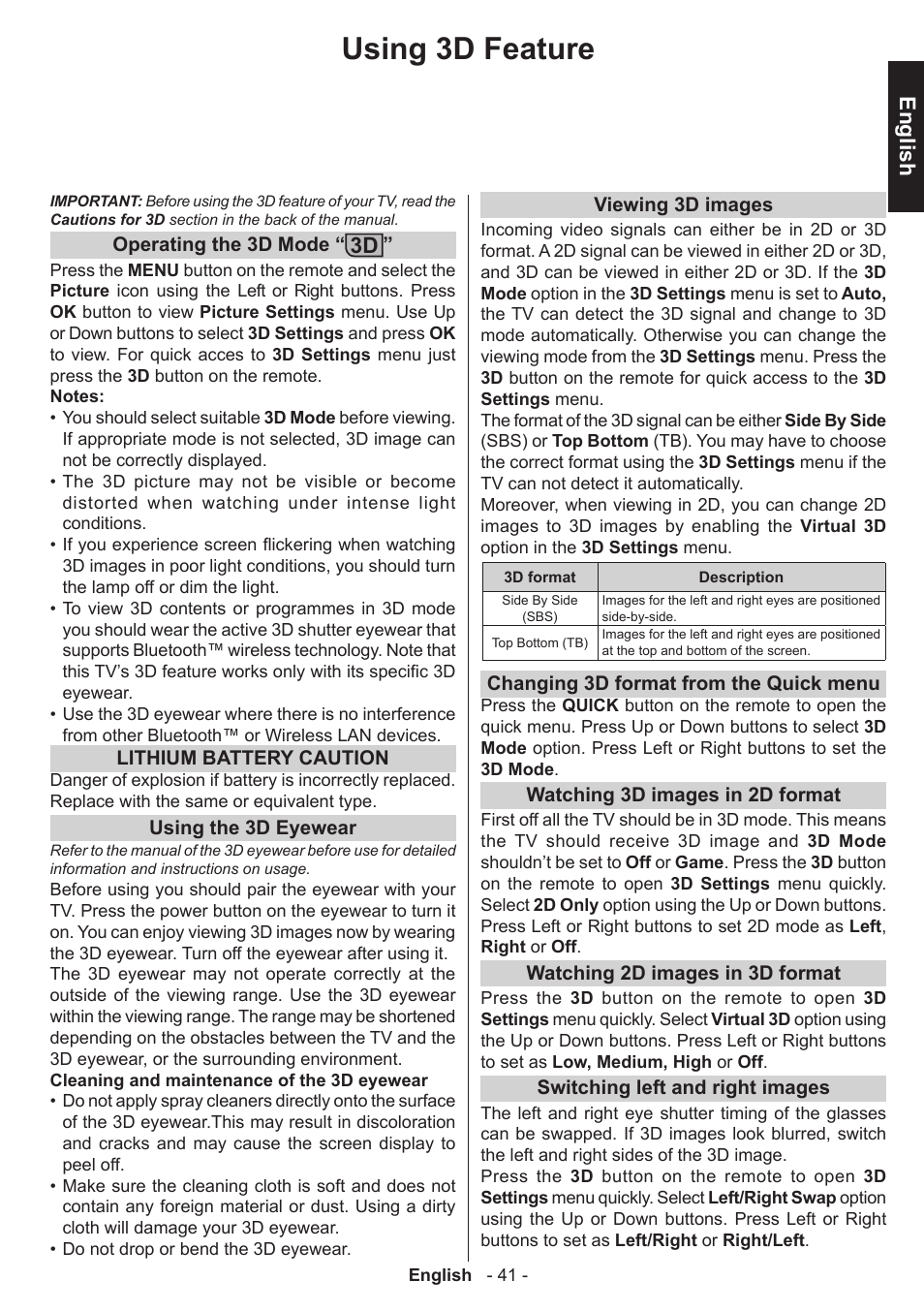 Using 3d feature, English | Toshiba T5445 User Manual | Page 41 / 60