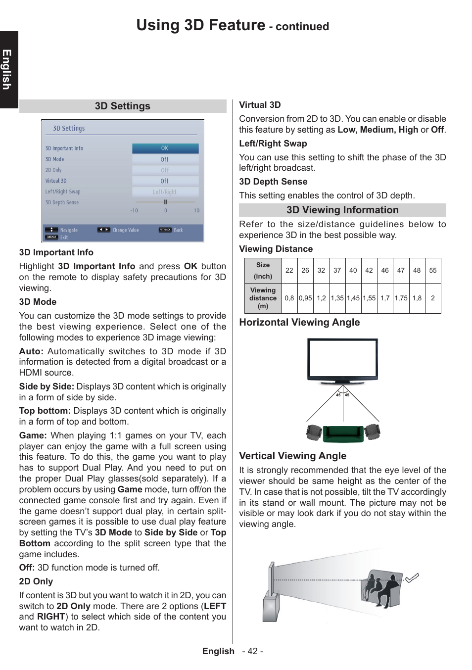 Using 3d feature, English, Continued | Toshiba T5445 User Manual | Page 42 / 60