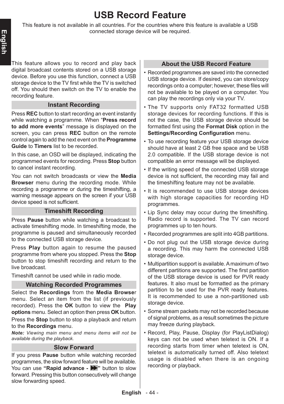 Usb record feature, English | Toshiba T5445 User Manual | Page 44 / 60