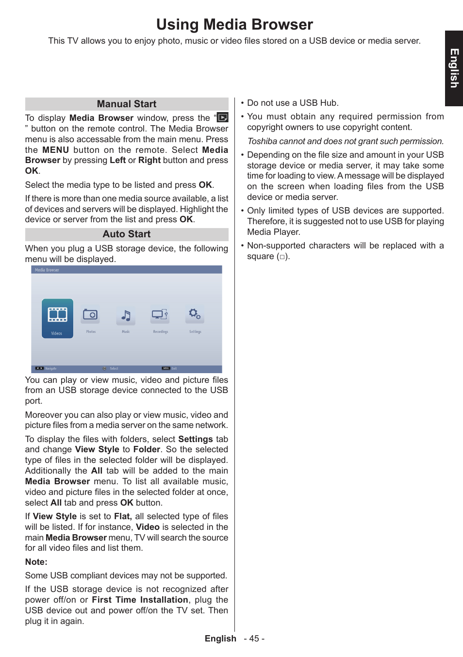 Using media browser, English | Toshiba T5445 User Manual | Page 45 / 60