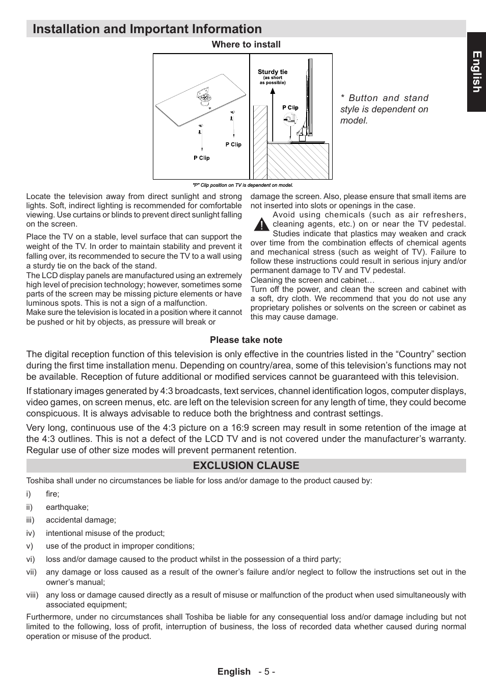 Installation and important information, English, Exclusion clause | Toshiba T5445 User Manual | Page 5 / 60