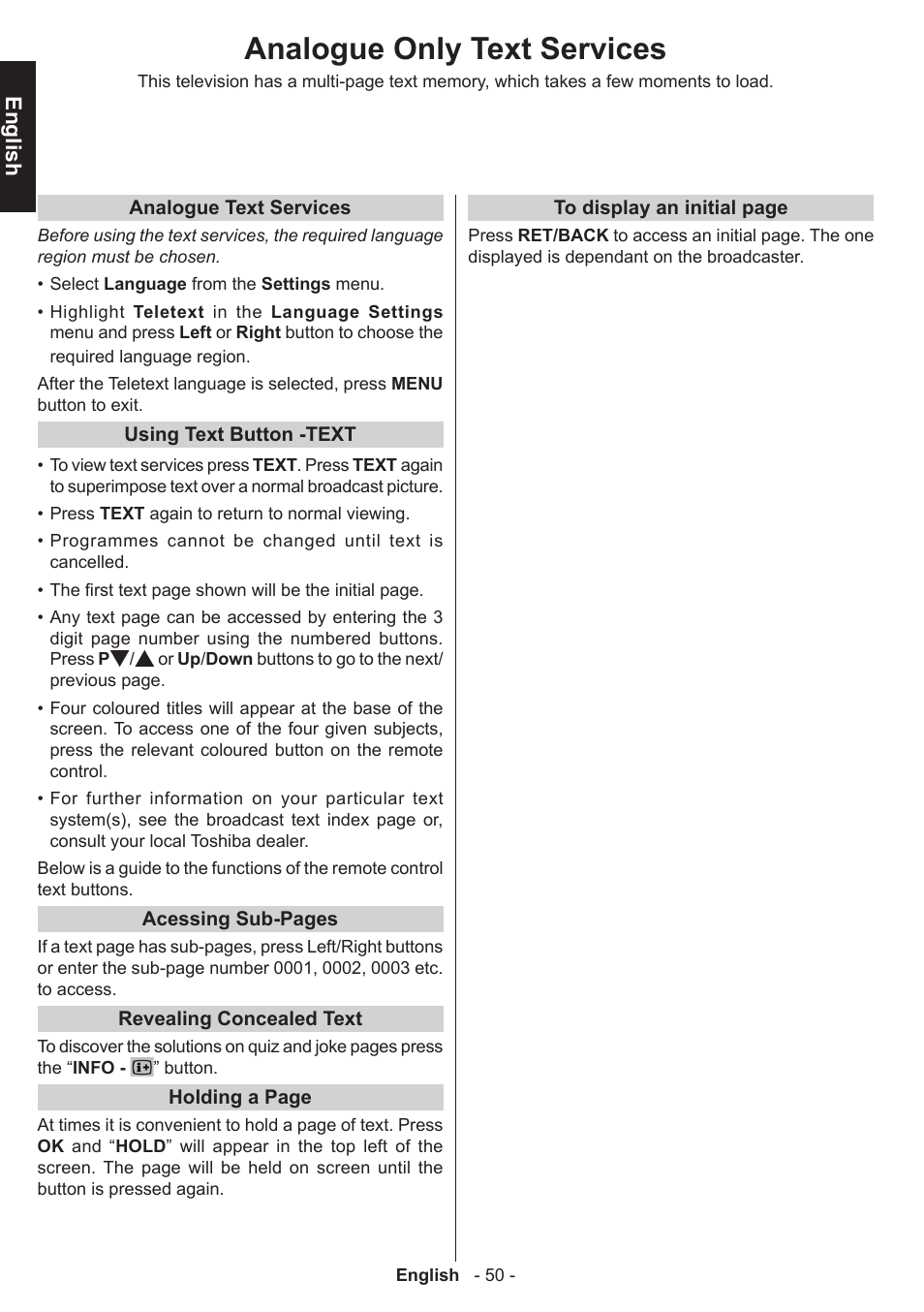 Analogue only text services, English | Toshiba T5445 User Manual | Page 50 / 60