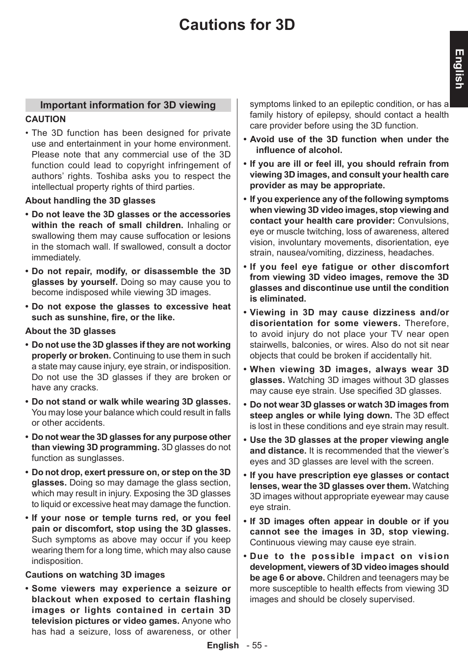 Cautions for 3d, English | Toshiba T5445 User Manual | Page 55 / 60
