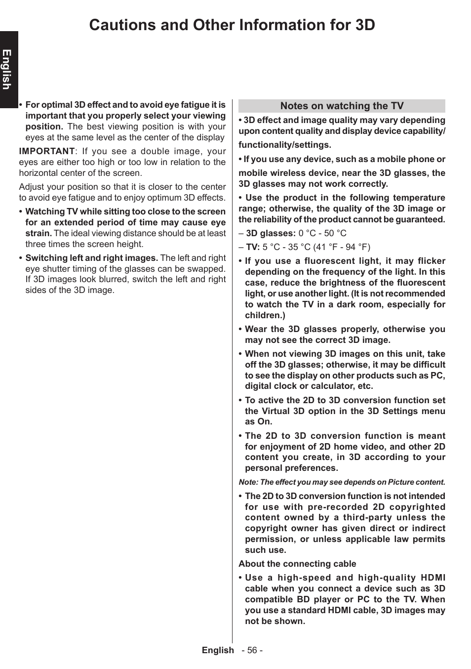 Cautions and other information for 3d, English | Toshiba T5445 User Manual | Page 56 / 60