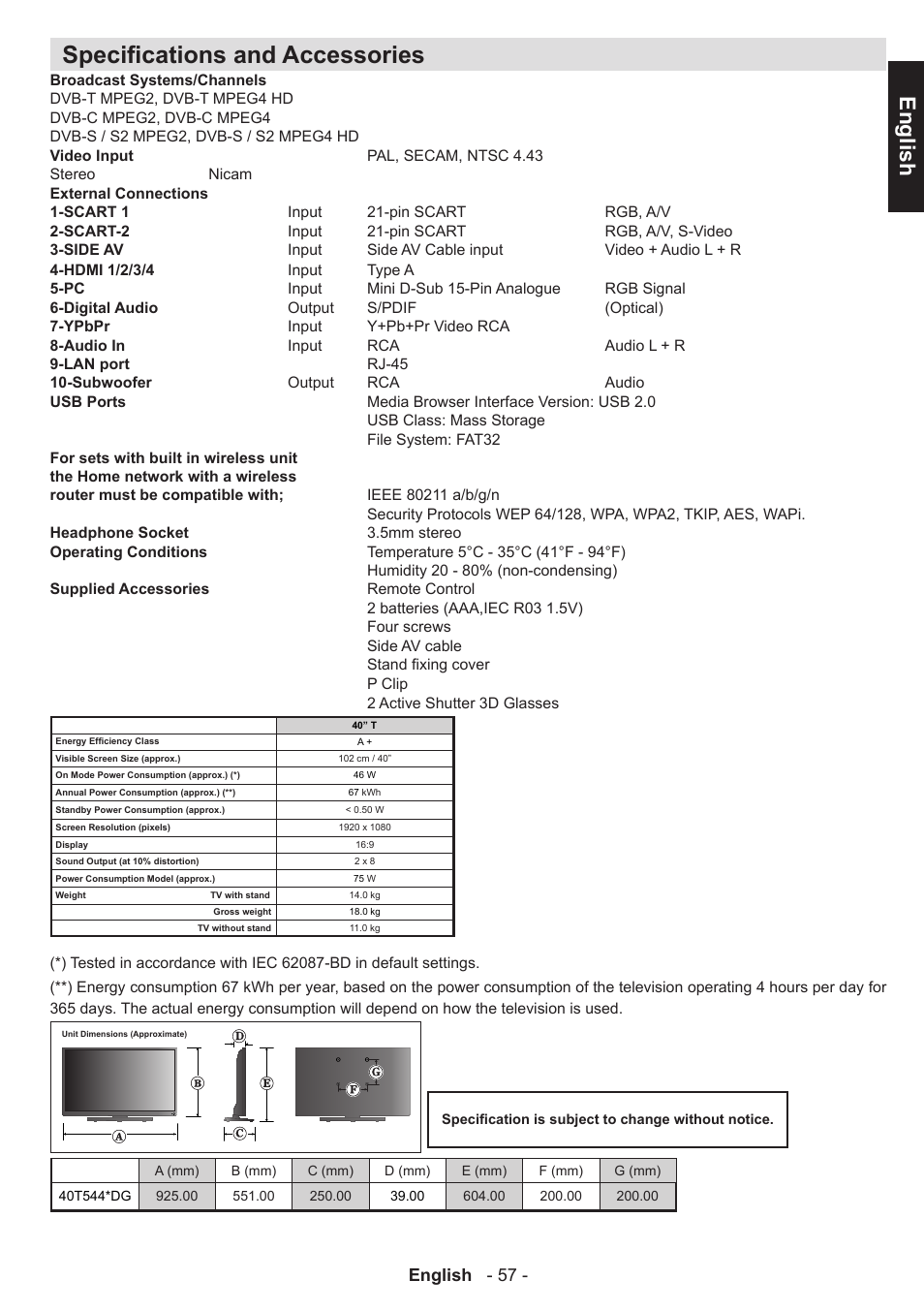 Specifications and accessories, English, English - 57 | Toshiba T5445 User Manual | Page 57 / 60